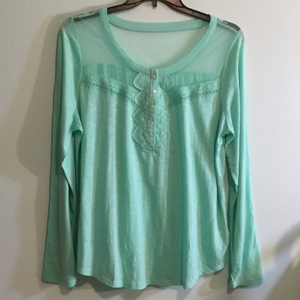 Kohl's Mint Green Lace Yoke Long Sleeve Top